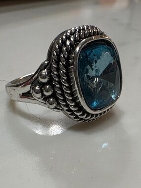 Sterling Silver Blue Cushion-Cut Gemstone Ring